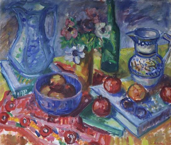 E. G., oil on canvas, table top still life, signed and dated 1982, 24 x 28in.